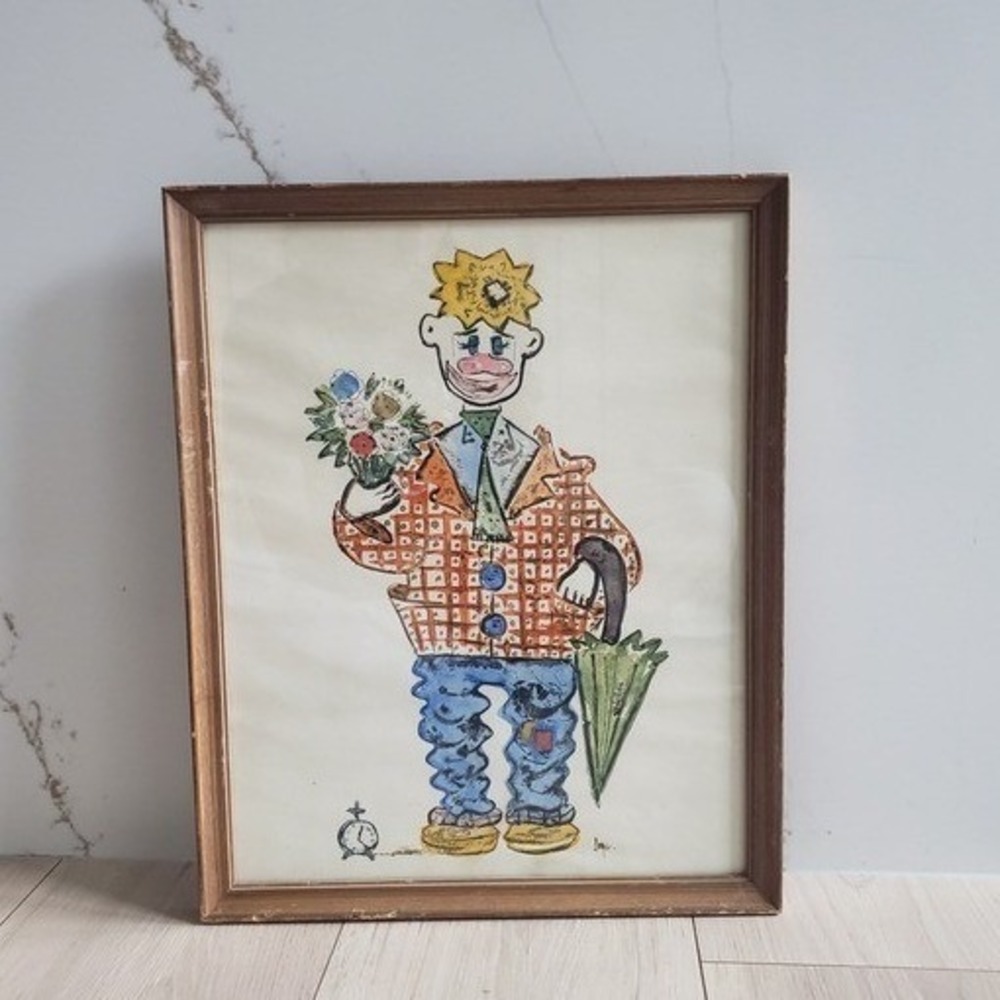 Vintage Whimsical Clown Art Print Signed Jaq Framed 13x17 Mid Centuryβ Folk Wall